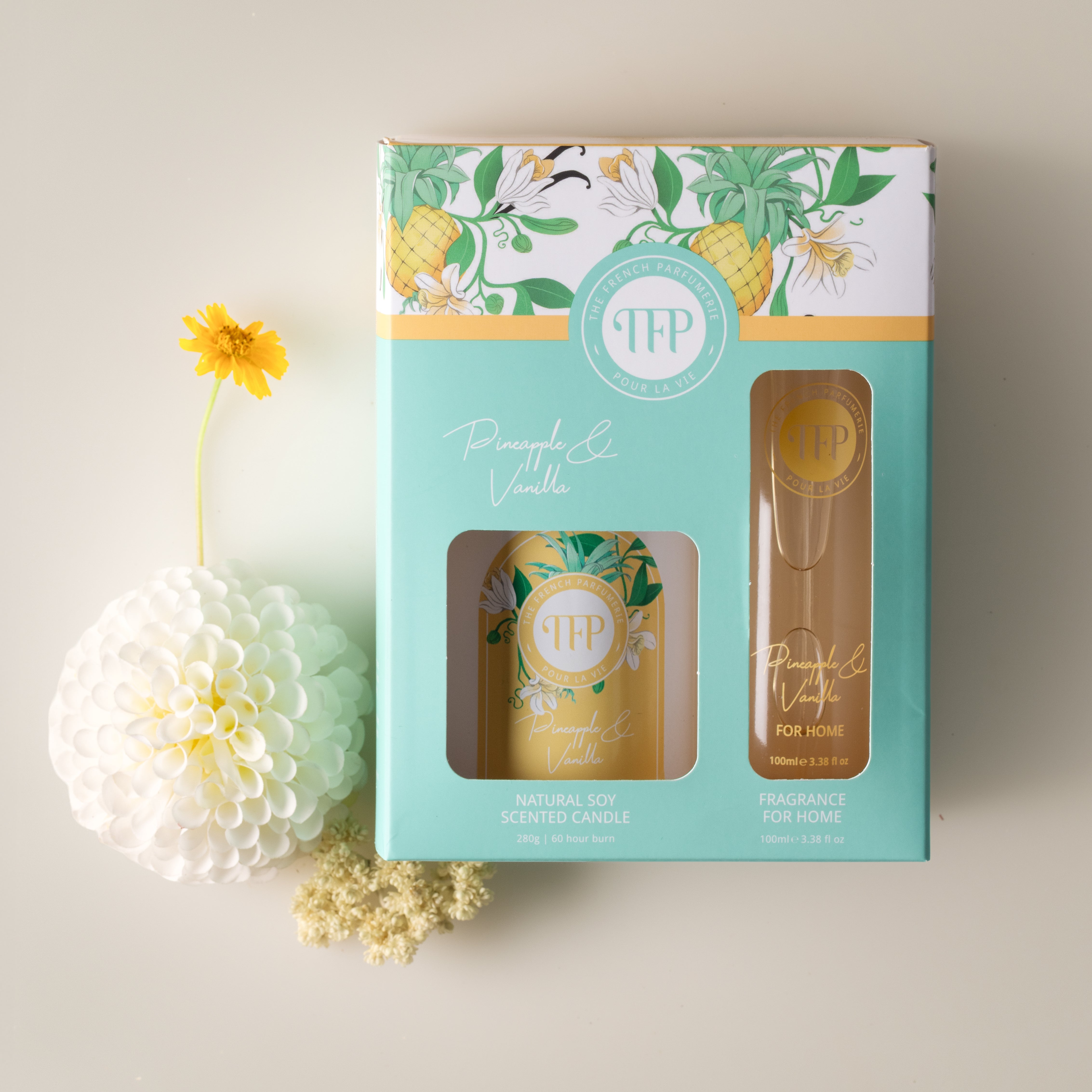 Candle and Room Spray Combo Box: Pineaple and Vanilla